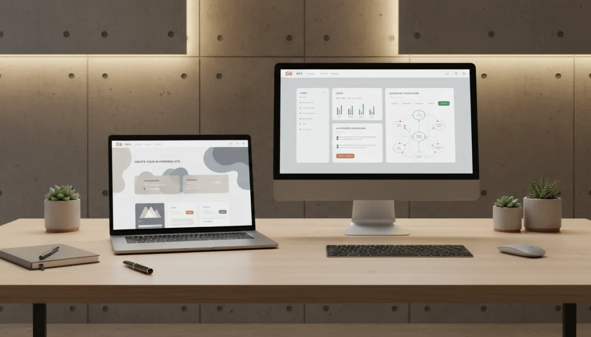 Interface de création de site IA à côté d’un tableau de bord CRM