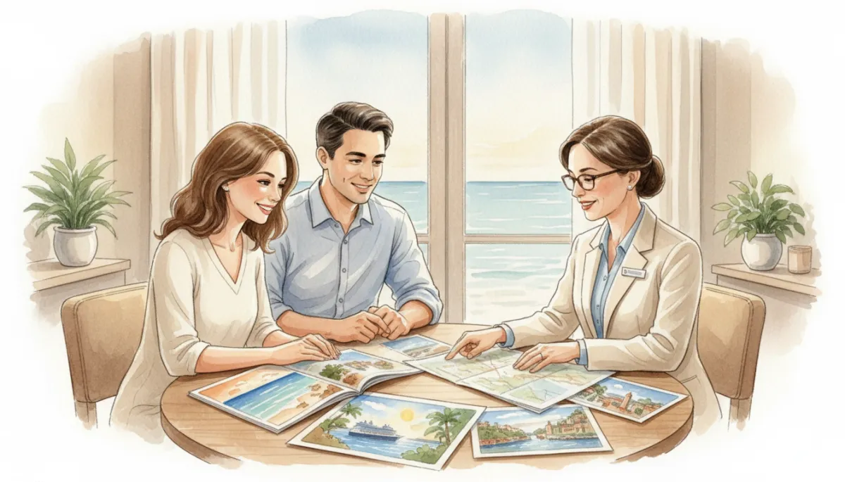 Couple reviewing curated cruise and destination options with a certified travel agent Couple reviewing curated cruise and destination options with a certified travel agent