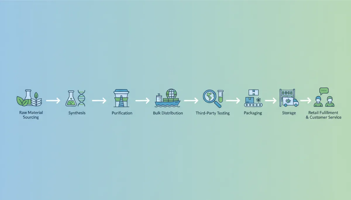 A clear, visually engaging infographic illustrating the entire peptide supply chain: starting from raw material sourcing and synthesis, passing through purification, bulk distribution, third-party testing, packaging, storage, and ending with retail fulfillment and customer service. Use icons or simple graphics to represent each step, connected by arrows, to help readers visualize the sequence. A clear, visually engaging infographic illustrating the entire peptide supply chain: starting from raw material sourcing and synthesis, passing through purification, bulk distribution, third-party testing, packaging, storage, and ending with retail fulfillment and customer service. Use icons or simple graphics to represent each step, connected by arrows, to help readers visualize the sequence.