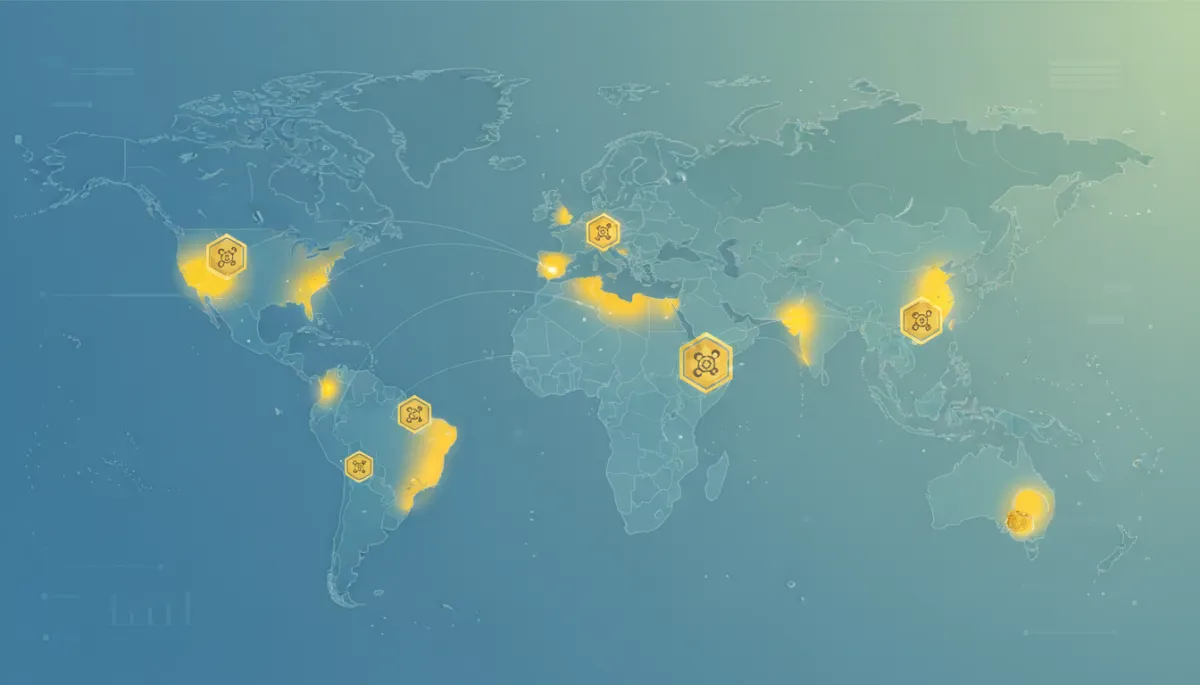 A world map with highlighted regions where peptide manufacturing hubs are concentrated (such as the US, Europe, China, and other parts of Asia), using markers or icons to indicate key global centers. A world map with highlighted regions where peptide manufacturing hubs are concentrated (such as the US, Europe, China, and other parts of Asia), using markers or icons to indicate key global centers.