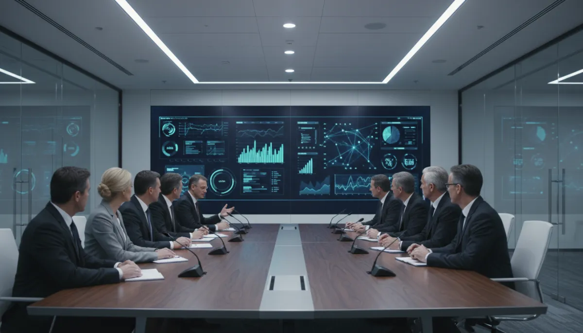 editorial horizontal 16:9, reunión de comité ejecutivo en sala de juntas moderna con pantallas mostrando paneles de datos y gráficos, ambiente tecnológico y profesional, sin robots ni circuitos, iluminación neutra