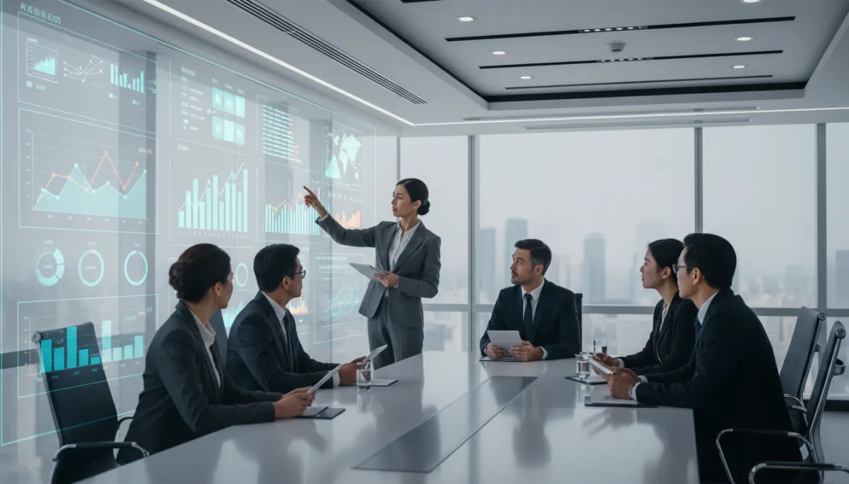 editorial, horizontal 16:9, CEO y equipo directivo en sala de juntas moderna, analizando indicadores en una gran pantalla con gráficos de negocio, ambiente profesional y neutro, sin robots ni circuitos, sin texto en la imagen