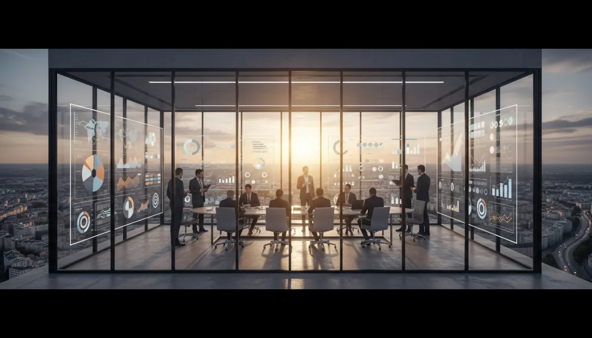 editorial horizontal 16:9, vista aérea de una sala de juntas acristalada en un rascacielos europeo al atardecer, equipo directivo observando grandes pantallas con paneles de datos y proyecciones estratégicas, estética corporativa sobria, tonos neutros y luz natural, sin robots ni circuitos ni texto en la imagen