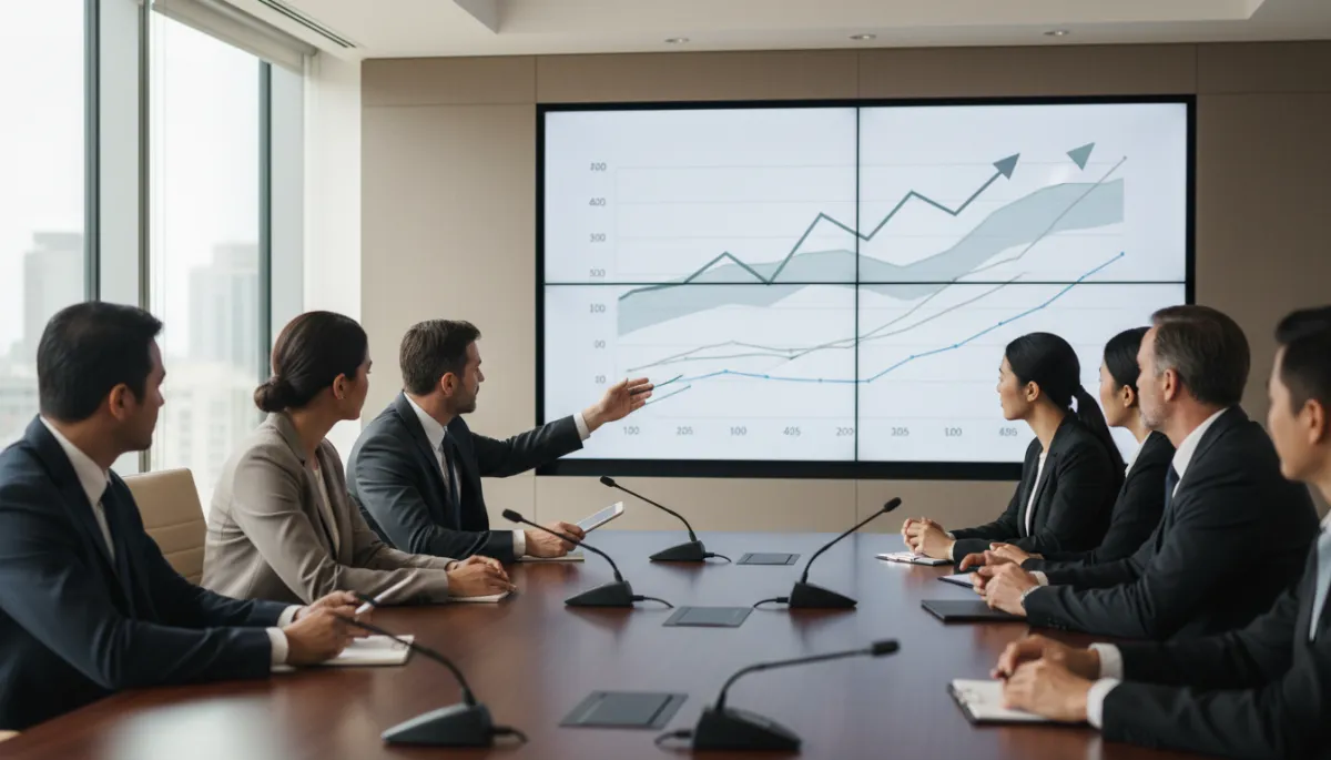 editorial horizontal 16:9, reunión de alta dirección en sala de juntas luminosa, ejecutivos analizando gráficos de crecimiento en una gran pantalla, ambiente corporativo sobrio, sin robots ni iconos tecnológicos, tonos neutros y profesionales