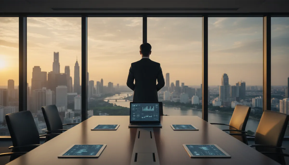 editorial horizontal 16:9, directivo tecnológico de espaldas mirando un skyline urbano desde una sala de juntas acristalada, portátil y paneles de datos discretos en la mesa, atmósfera sobria y profesional, sin robots ni circuitos, estilo editorial fotográfico neutro