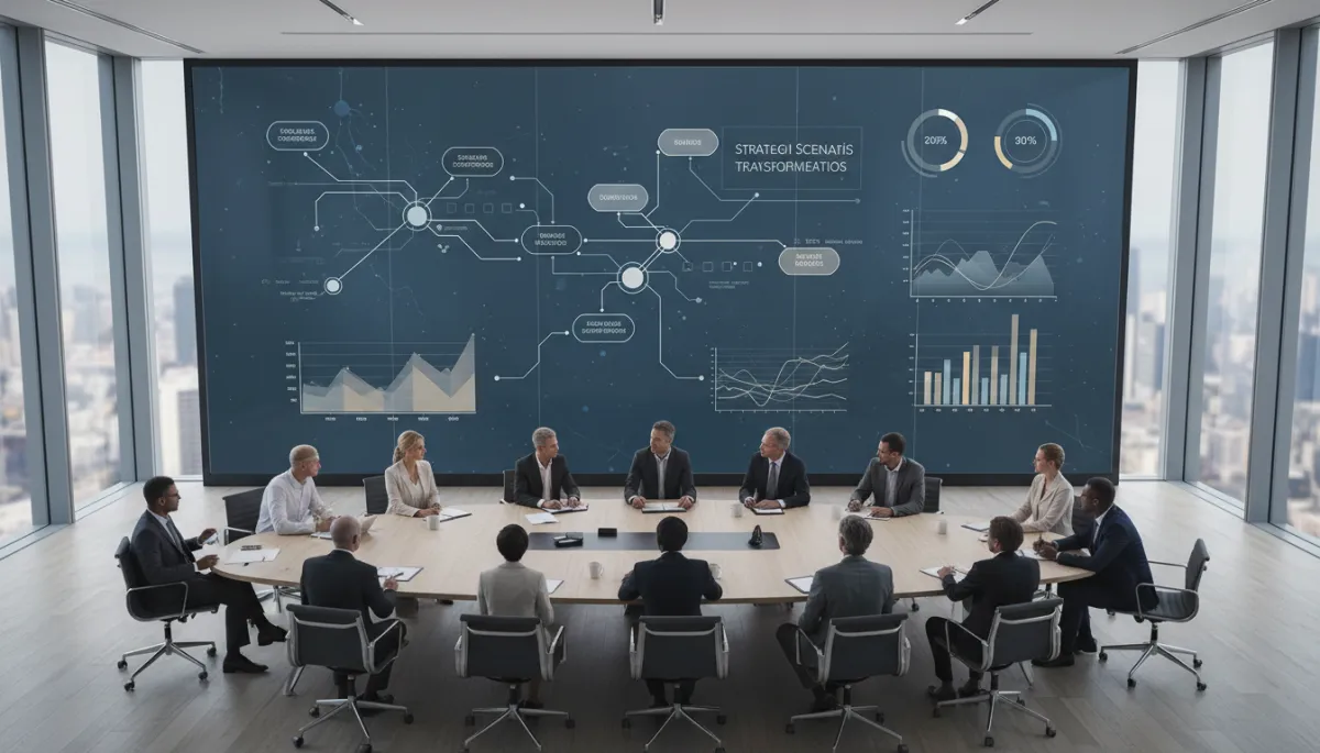 editorial horizontal 16:9, vista aérea de un consejo de administración en una sala de juntas moderna, ejecutivos revisando una gran pantalla con escenarios estratégicos y gráficos de transformación empresarial, tonos neutros y luz natural, sin robots ni elementos tecnológicos futuristas exagerados