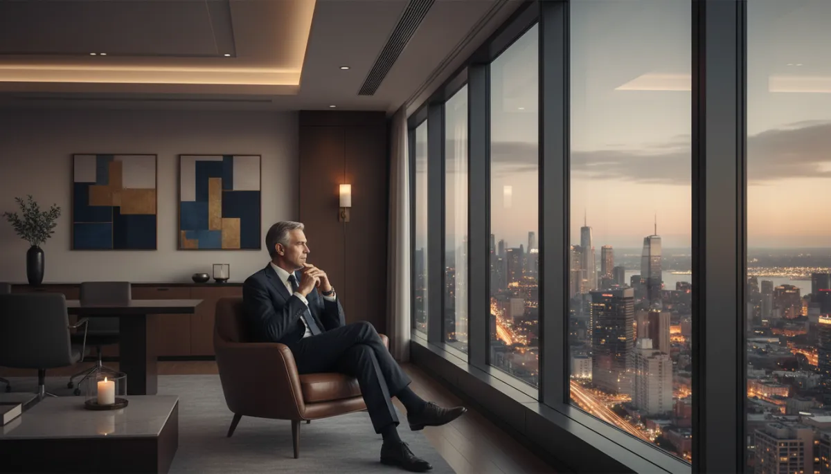 editorial horizontal 16:9, CEO o directivo sentado junto a una gran ventana con vista urbana, en actitud pensativa y de visión estratégica, luz tenue y sofisticada, entorno corporativo elegante, sin robots ni iconografía tecnológica evidente