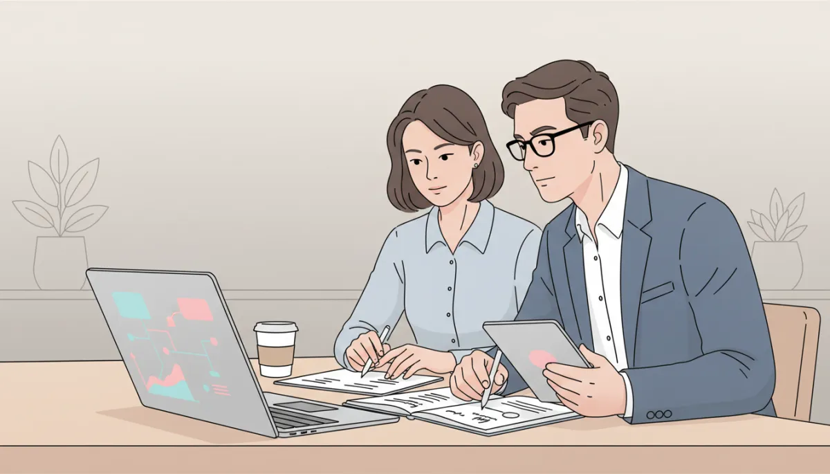 Two experienced network marketers discussing strategy over a laptop Two experienced network marketers discussing strategy over a laptop