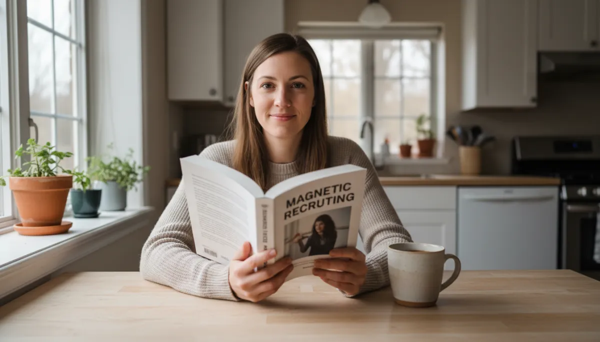 Selfie holding the book Magnetic Recruiting in a casual home setting