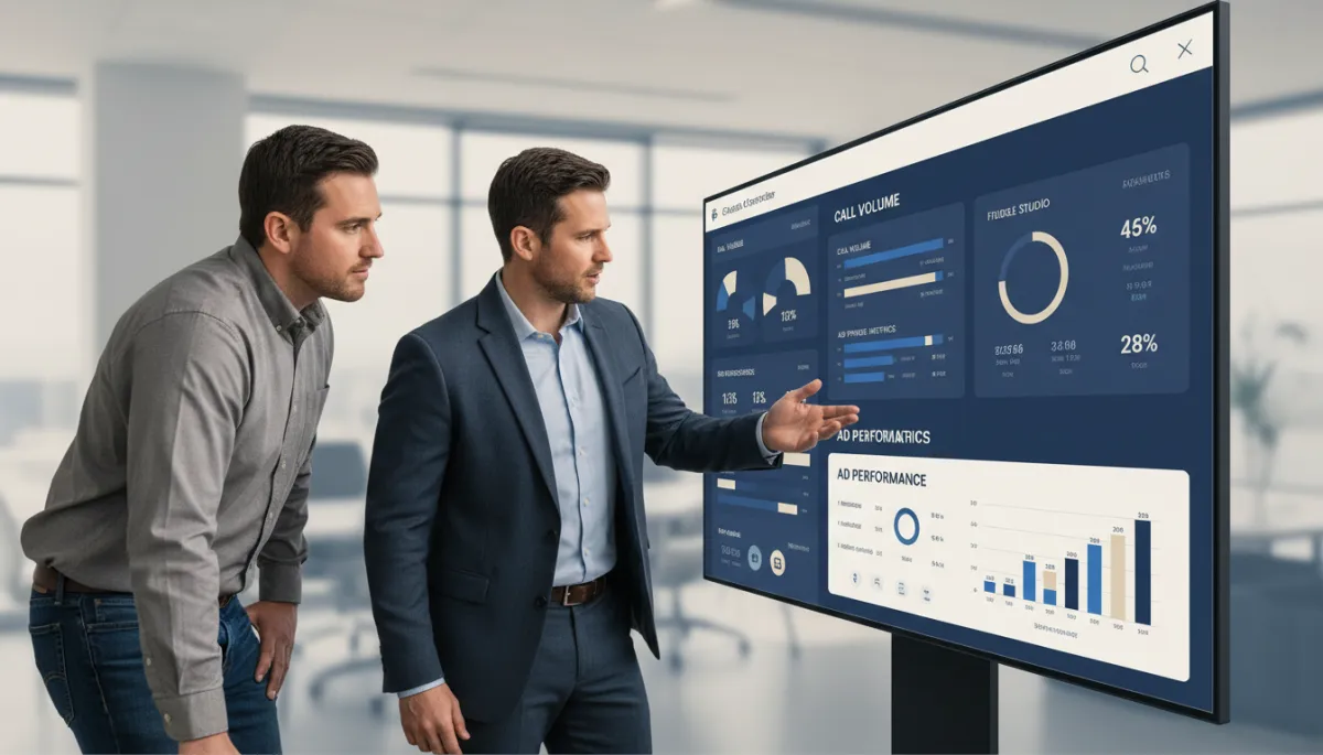 Marketing strategist reviewing local search and call performance data with business owners Marketing strategist reviewing local search and call performance data with business owners