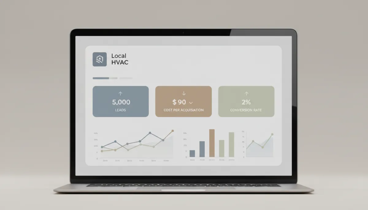 Dashboard showing leads and cost per acquisition for a local HVAC ad campaign Dashboard showing leads and cost per acquisition for a local HVAC ad campaign