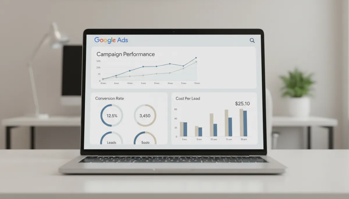 Laptop displaying Google Ads dashboard with lead and cost metrics in a professional office Laptop displaying Google Ads dashboard with lead and cost metrics in a professional office