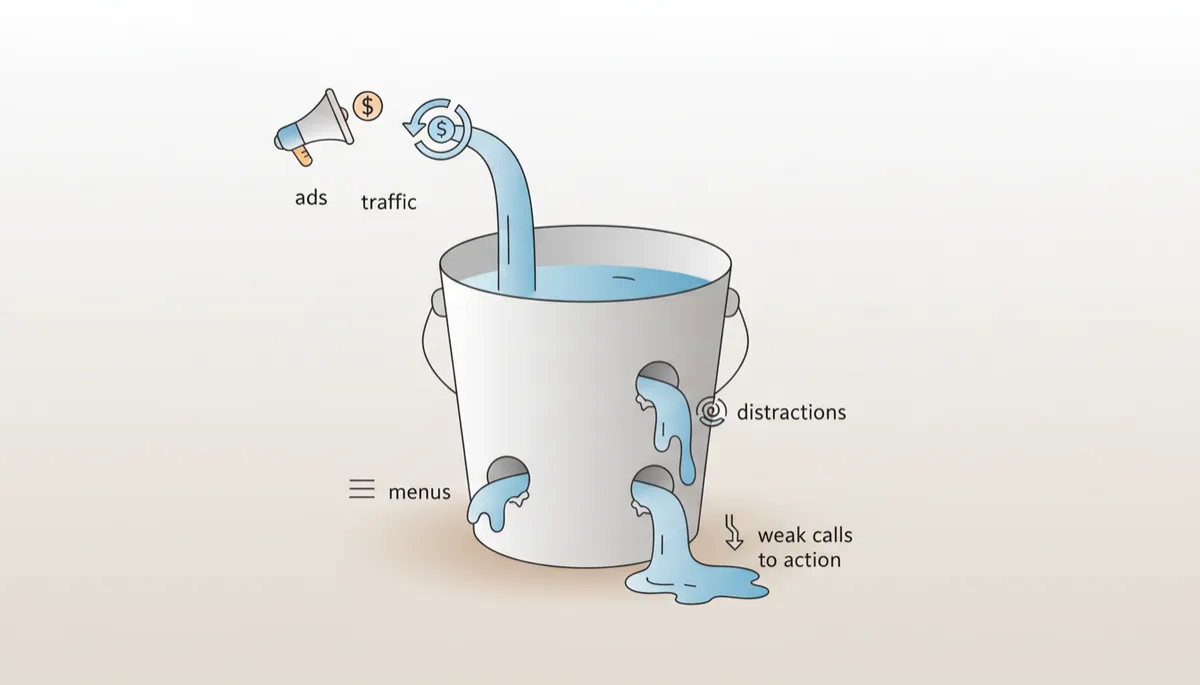 Diagram of leaky marketing bucket losing leads through website issues Diagram of leaky marketing bucket losing leads through website issues