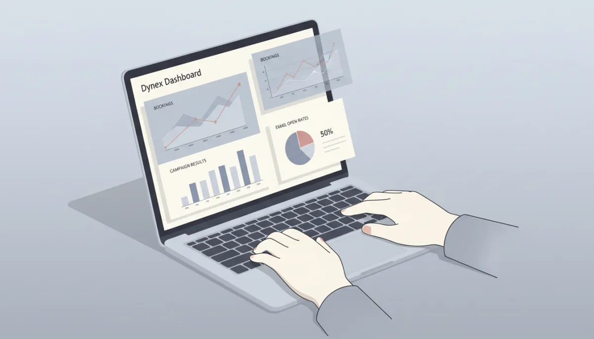 Account manager a Dynex kampány- és foglalási riportjait elemzi laptopon