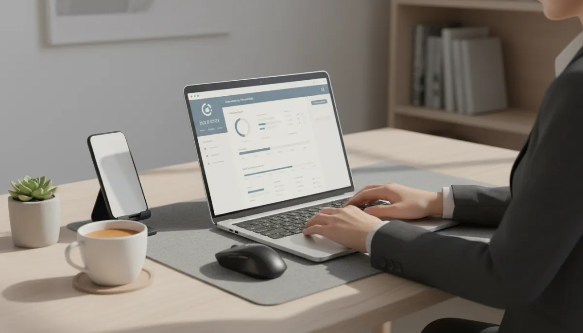Business owner reviewing automated invoices and reminders on laptop Business owner reviewing automated invoices and reminders on laptop