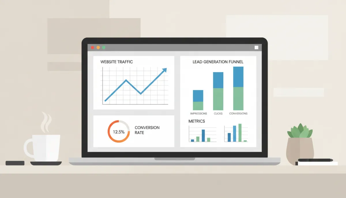 Analytics dashboard showing website conversion rates and lead generation funnel in a professional neutral-toned office