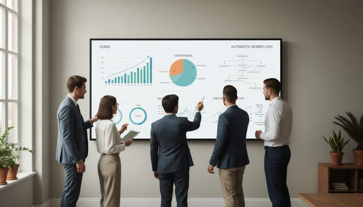 Local business team reviewing AI-powered automation and marketing performance Local business team reviewing AI-powered automation and marketing performance