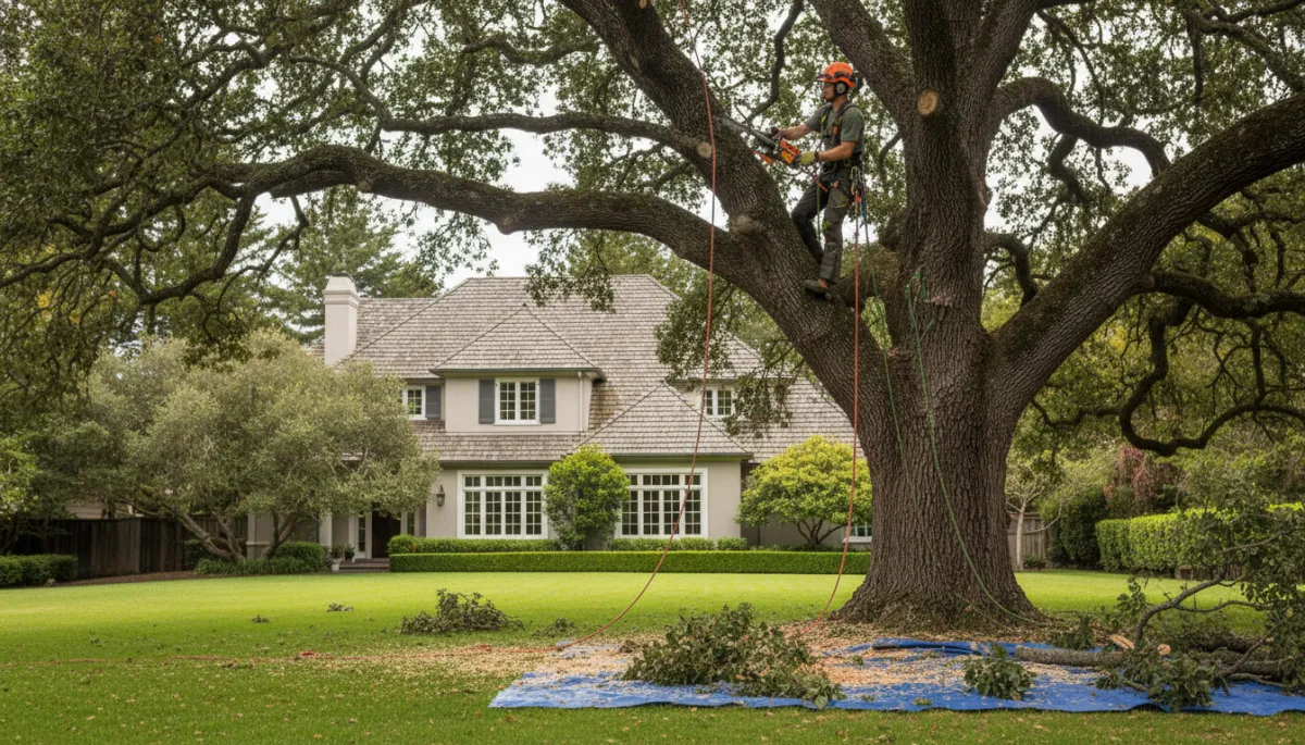 photorealistic wide shot of an ISA-certified arborist in safety gear using a harness and ropes to prune a large mature oak tree in a well-kept suburban yard, neutral natural lighting, San Francisco Peninsula style home in the background