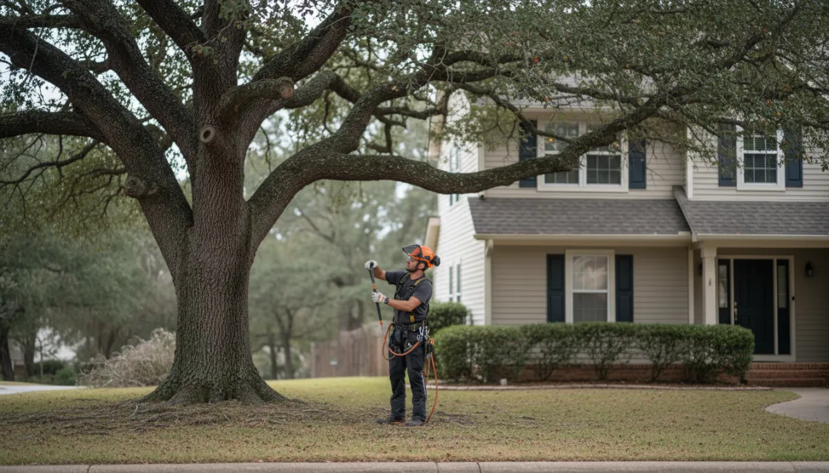 photorealistic neutral-toned suburban front yard with a professional arborist in safety gear inspecting a large mature tree near a house, overcast daylight, subtle depth of field