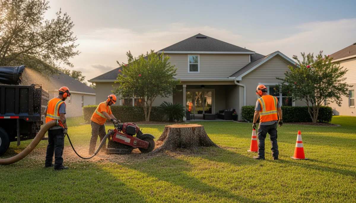 photorealistic wide shot of a professional tree service crew operating a stump grinding machine in a neat suburban Gainesville Florida backyard, neutral color palette, late afternoon light, safety cones and protective gear visible