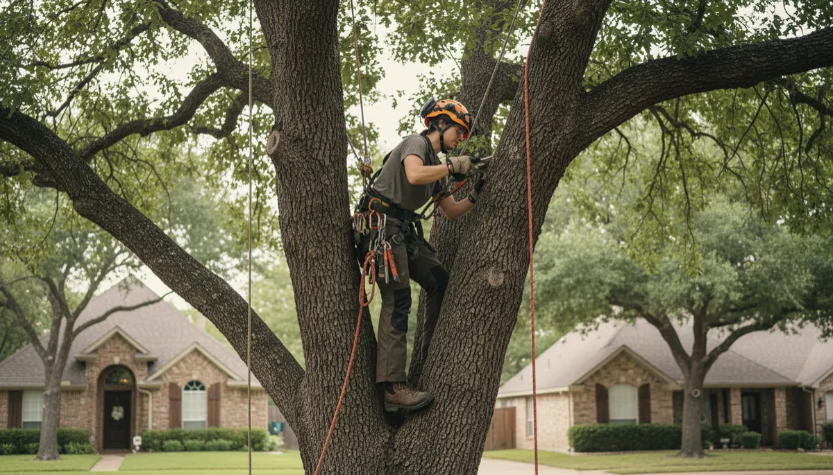 photorealistic scene of a professional arborist in safety gear using a harness and ropes to inspect a mature oak tree in a residential Dallas neighborhood, neutral color palette with soft natural light