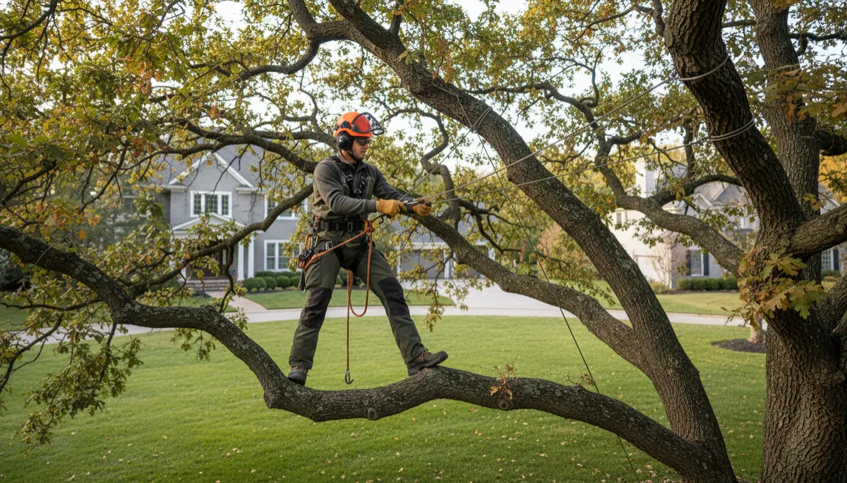 photorealistic arborist in safety gear installing steel support cables high in the canopy of a large mature oak tree in a quiet upscale suburban front yard with green lawn, neutral color palette, bright natural daylight, subtle houses and driveway in background