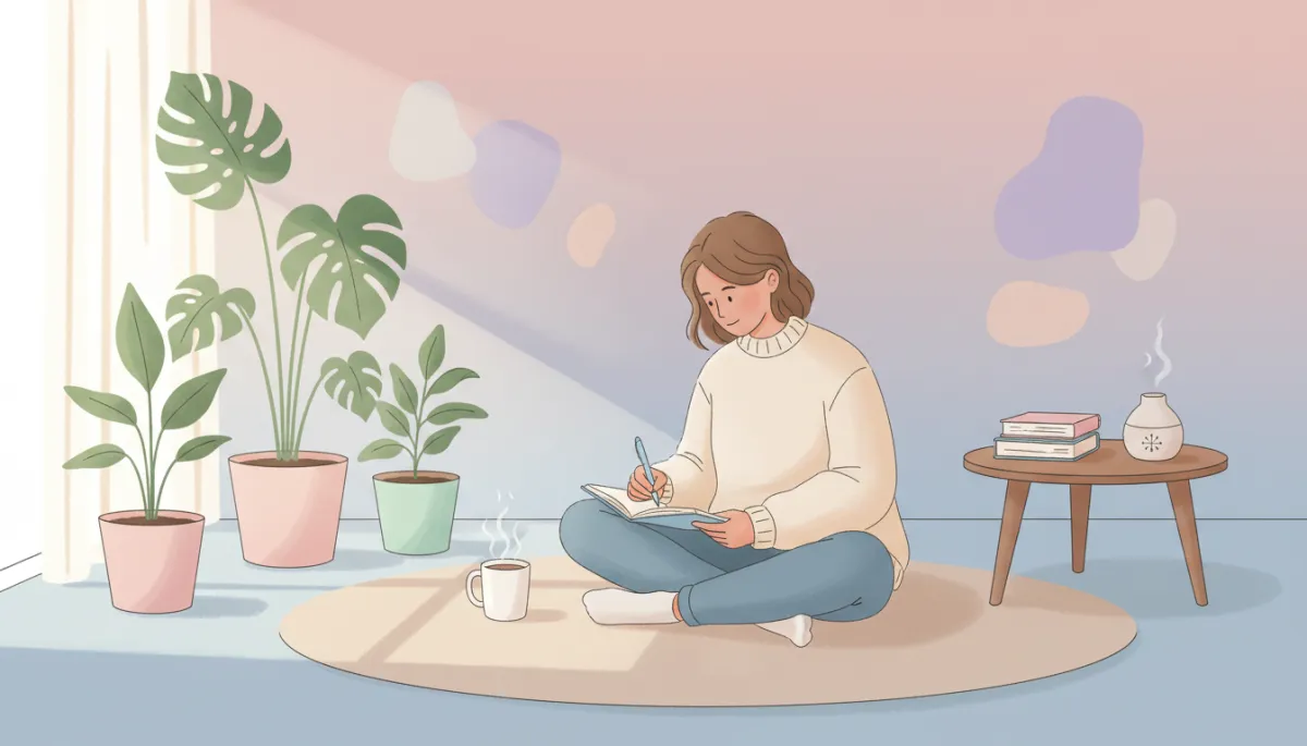 Soft pastel modern illustration of a person journaling in a peaceful room Soft pastel modern illustration of a person journaling in a peaceful room