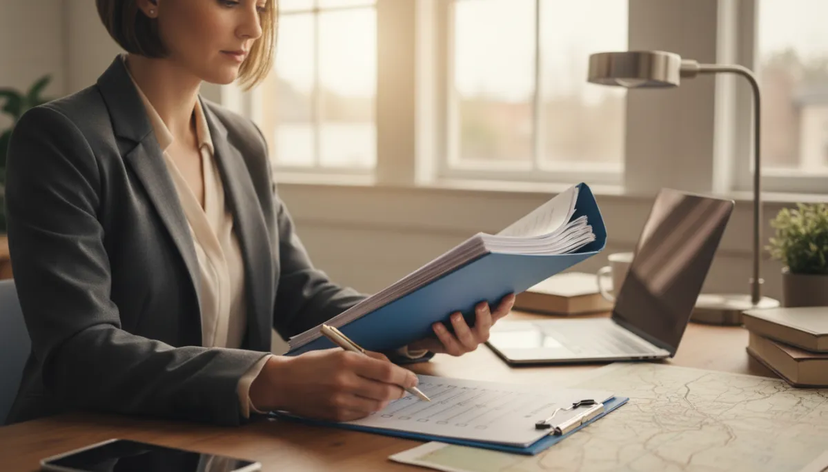 Process server in an office reviewing court documents and a checklist