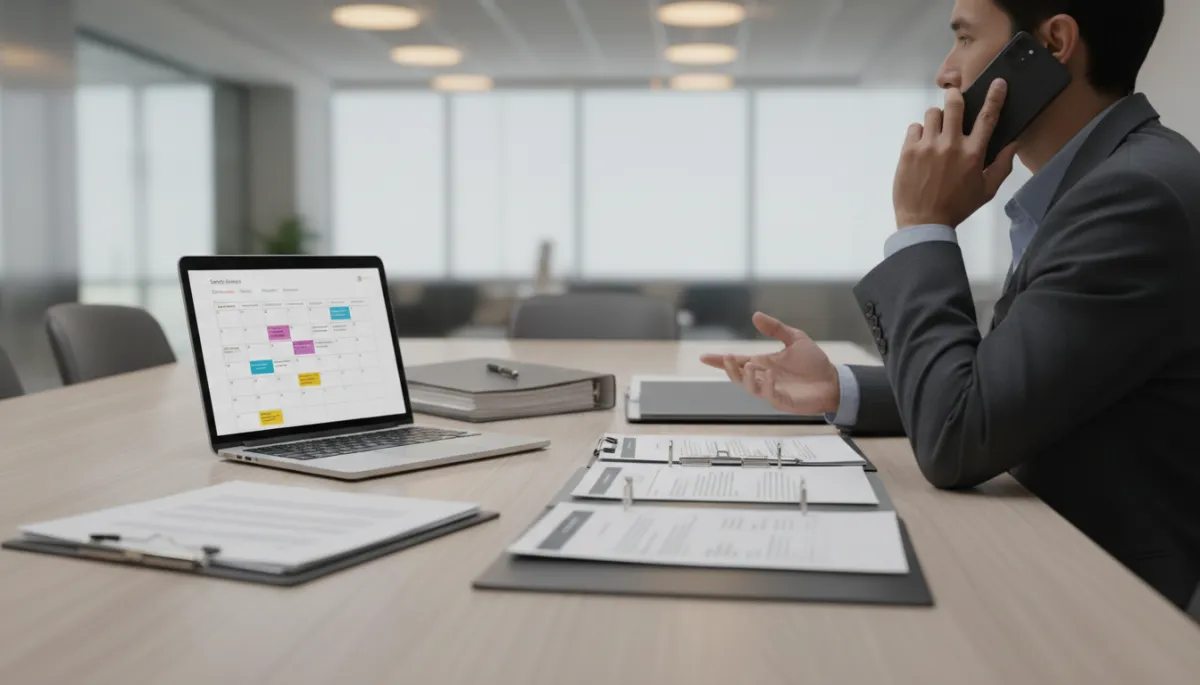 Conference table with legal documents and schedule for process serving