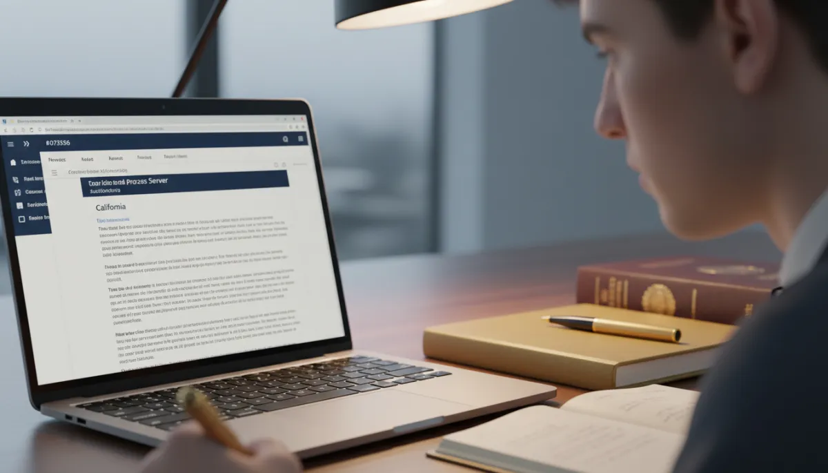 Trainee process server studying California laws on a laptop in navy and gold colors