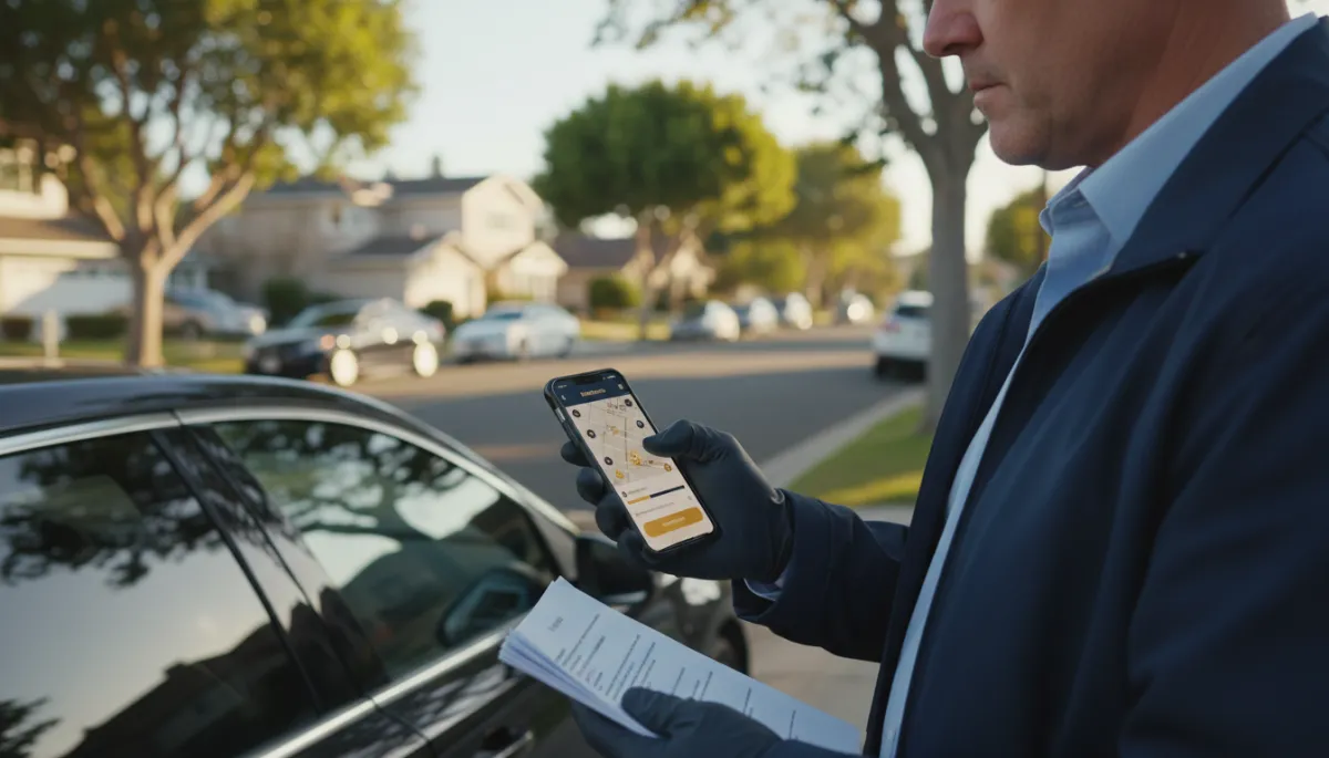 Process server reviewing service attempts on a smartphone in a California neighborhood