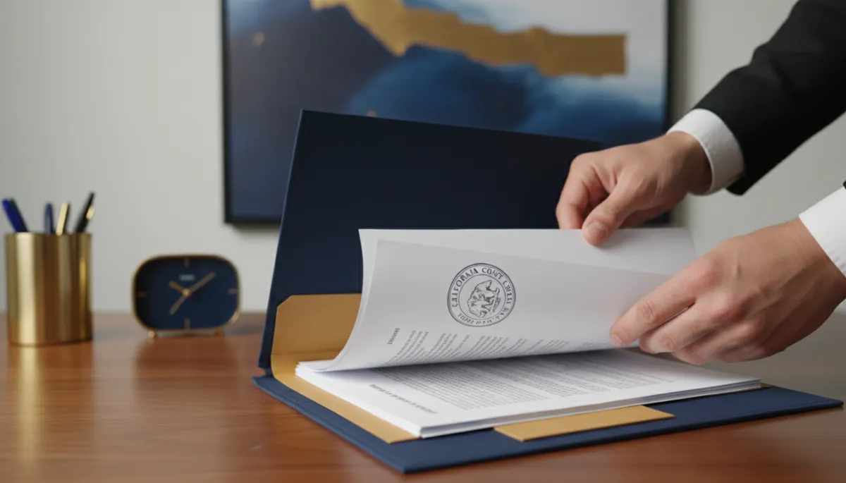 Process server organizing California legal documents on an office desk