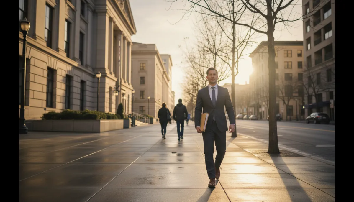 photorealistic neutral-toned downtown Sacramento street outside a courthouse at sunrise, professional process server holding a discreet folder of legal documents, soft natural light, calm professional mood