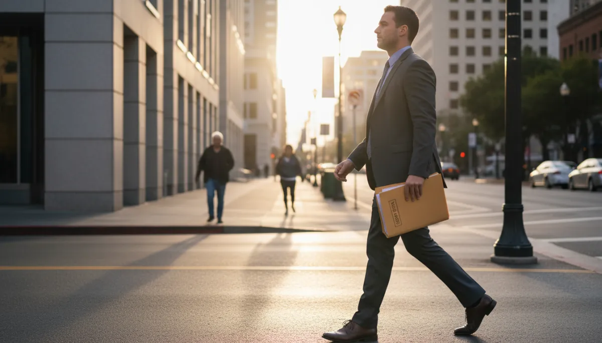 photorealistic neutral-toned downtown Sacramento street outside a courthouse at sunrise, professional process server holding a folder of legal documents walking with purpose, subtle depth of field, clean modern business attire