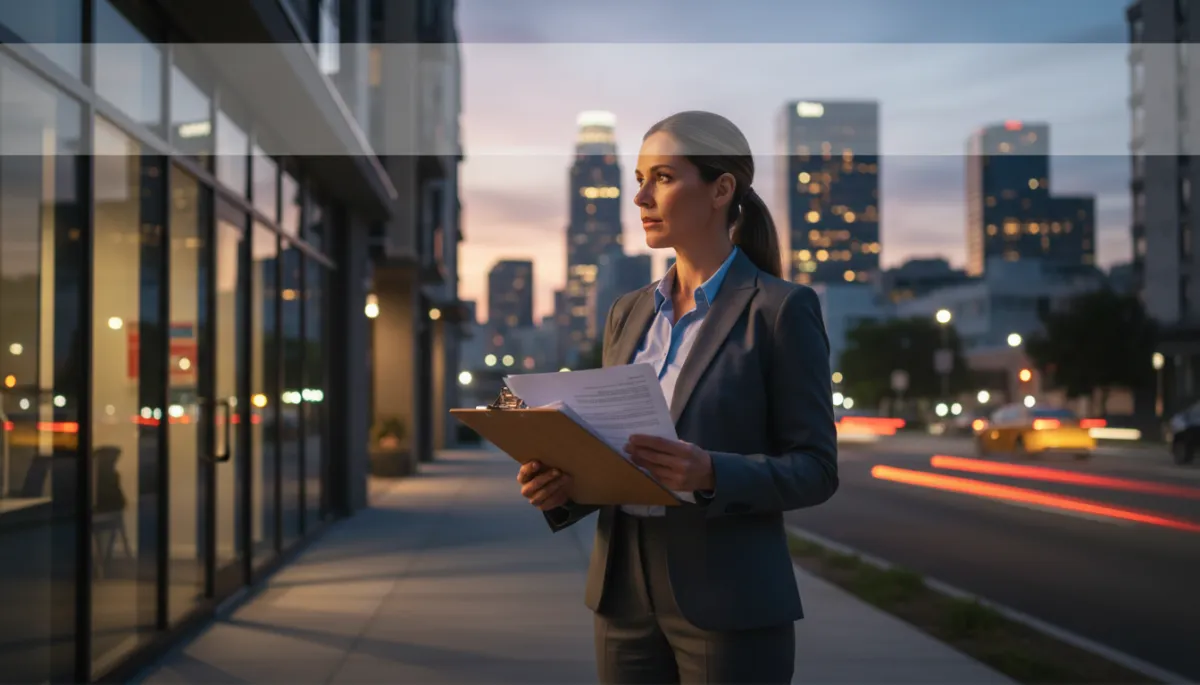 photorealistic neutral-toned scene of a professional California process server standing outside an apartment building at dusk, holding a clipboard and legal documents, city background slightly blurred, subtle overlay space for headline text