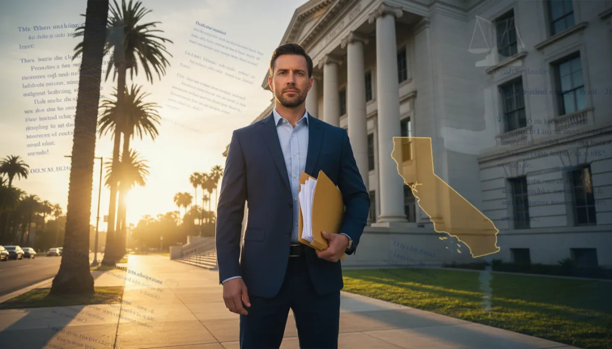 photorealistic scene of a professional process server standing outside a California courthouse at sunrise, wearing a navy #073356 blazer with a gold #DBA268 folder in hand, subtle overlay of legal documents and a map of California in navy and gold