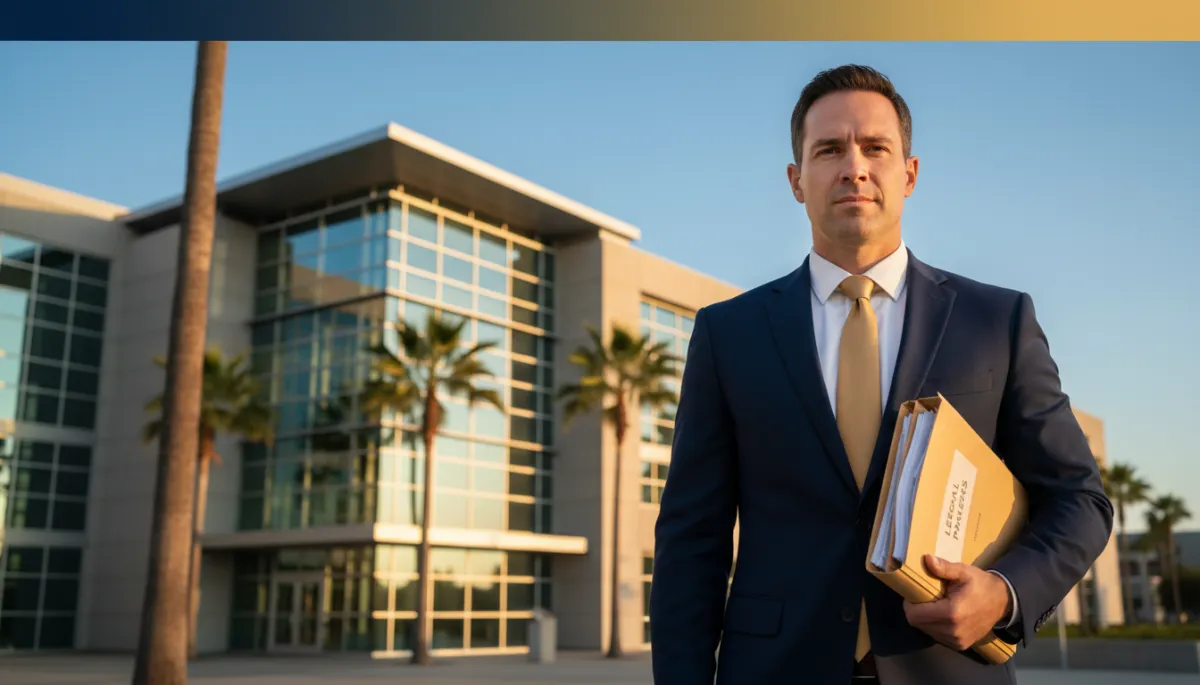 photorealistic scene of a professional process server in a navy suit (#073356) and gold tie (#DBA268) standing outside a modern California courthouse, holding a folder of legal documents, with subtle overlay text area at the top in navy and gold accents