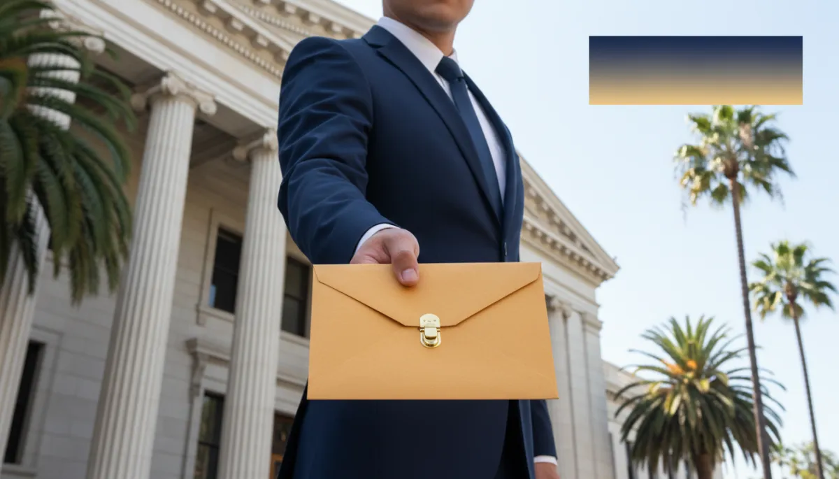 photorealistic scene of a professional process server in a navy #073356 suit holding a manila envelope with gold #DBA268 accents, standing outside a California courthouse with palm trees and classical columns, subtle overlay text area in navy and gold for title and subtitle