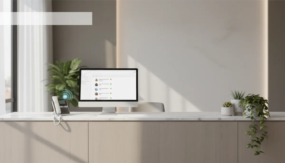 photorealistic neutral-toned modern medspa reception desk with soft natural light, a phone buzzing with new inquiries next to a computer showing unread messages, subtle overlay text area in the upper left