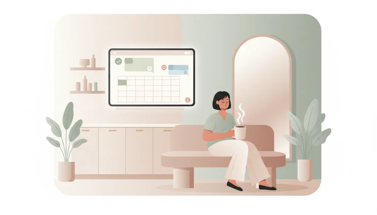 Stylist relaxing in a salon suite while AI manages bookings on a tablet