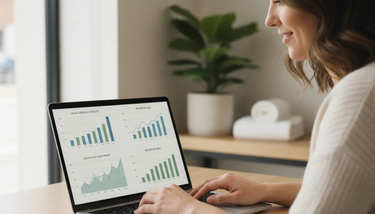 Salon owner reviewing local search performance analytics on a laptop