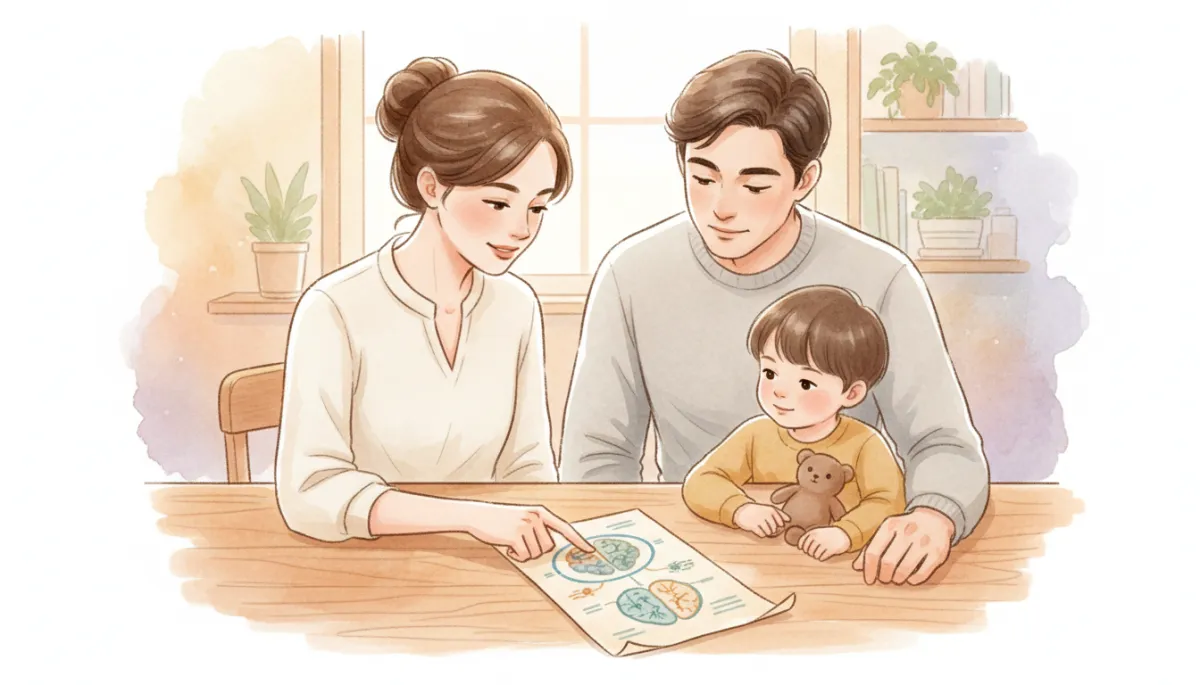 Clinician explaining the brain–gut connection to a parent and child
