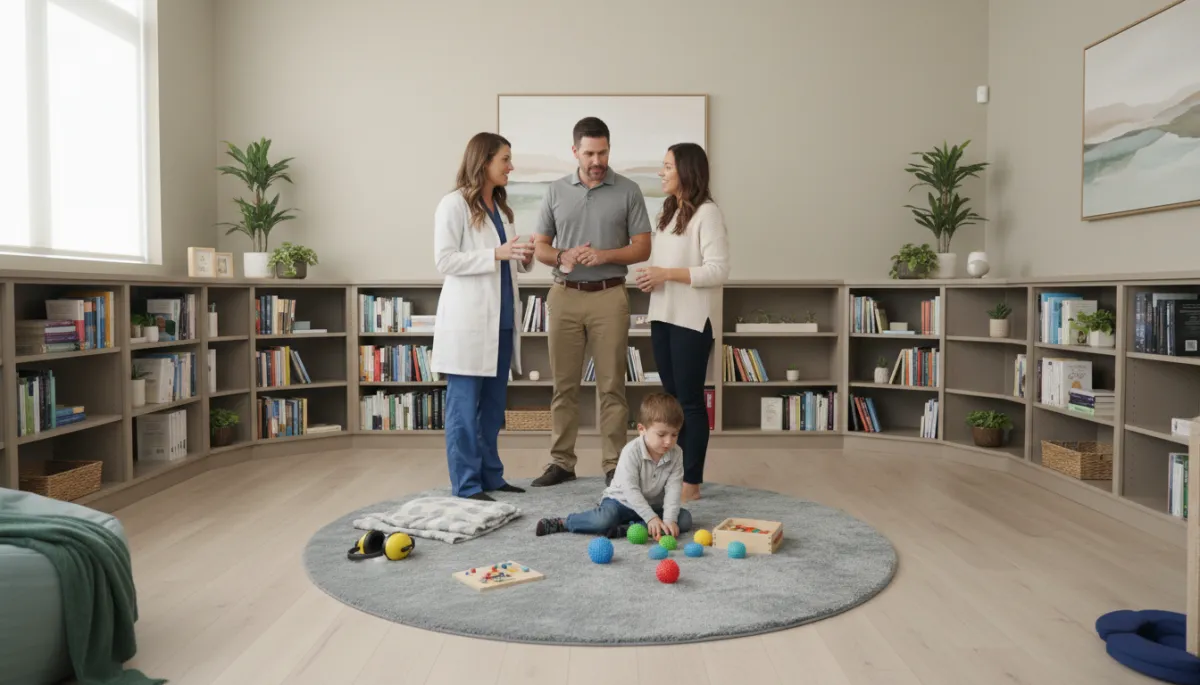 Chiropractor, therapist, and parent collaborating while a child plays calmly in a retreat therapy room