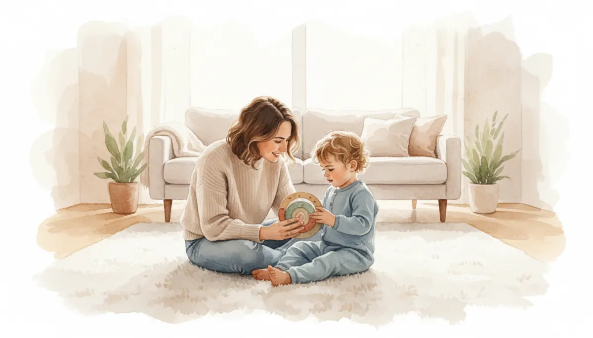 Parent co-regulating with a child using a sensory toy in a calm room