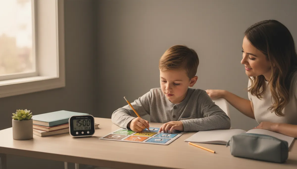 Child using a visual checklist and timer while working at a desk