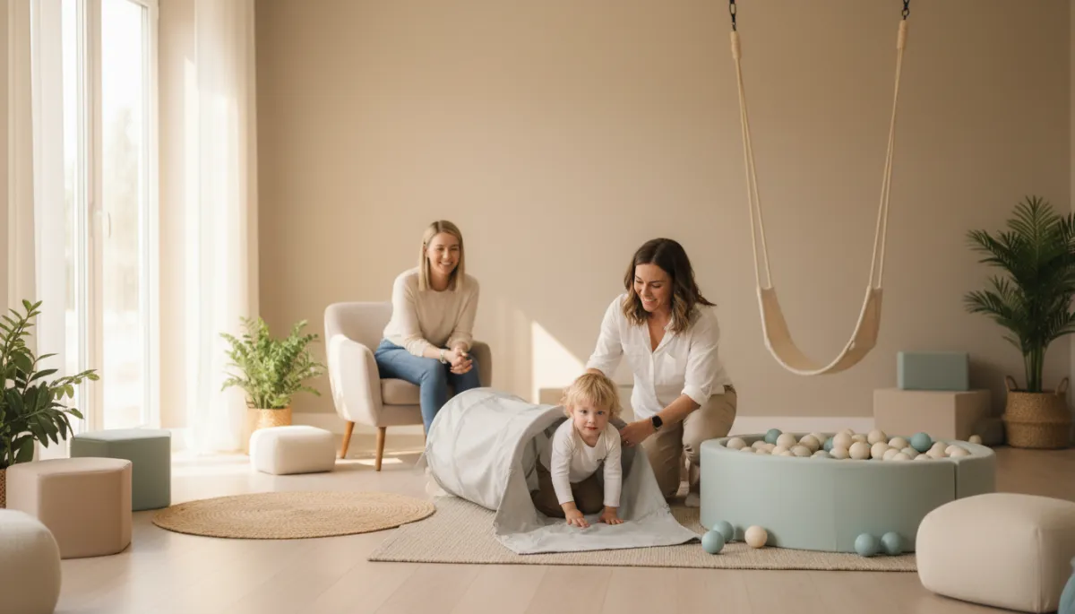 Therapist guiding child through a sensory activity while parent learns strategies