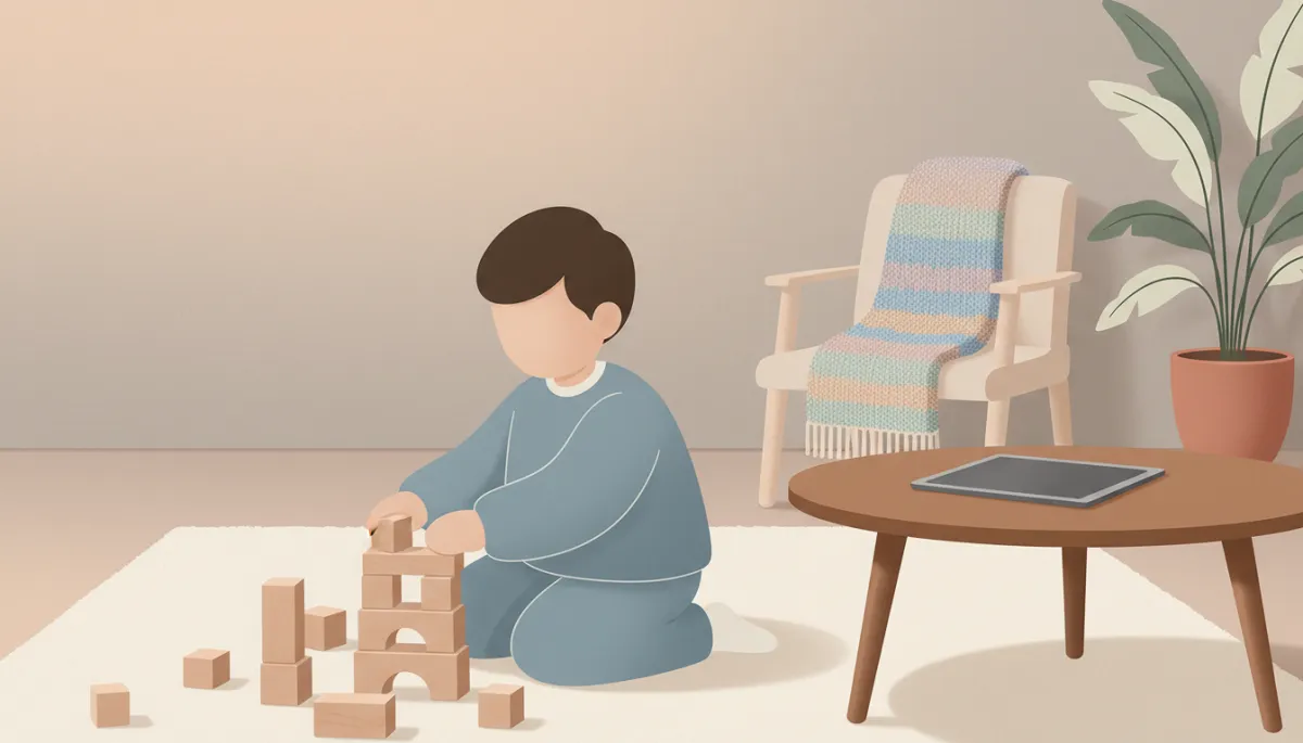 Child playing with blocks while a tablet rests unused nearby