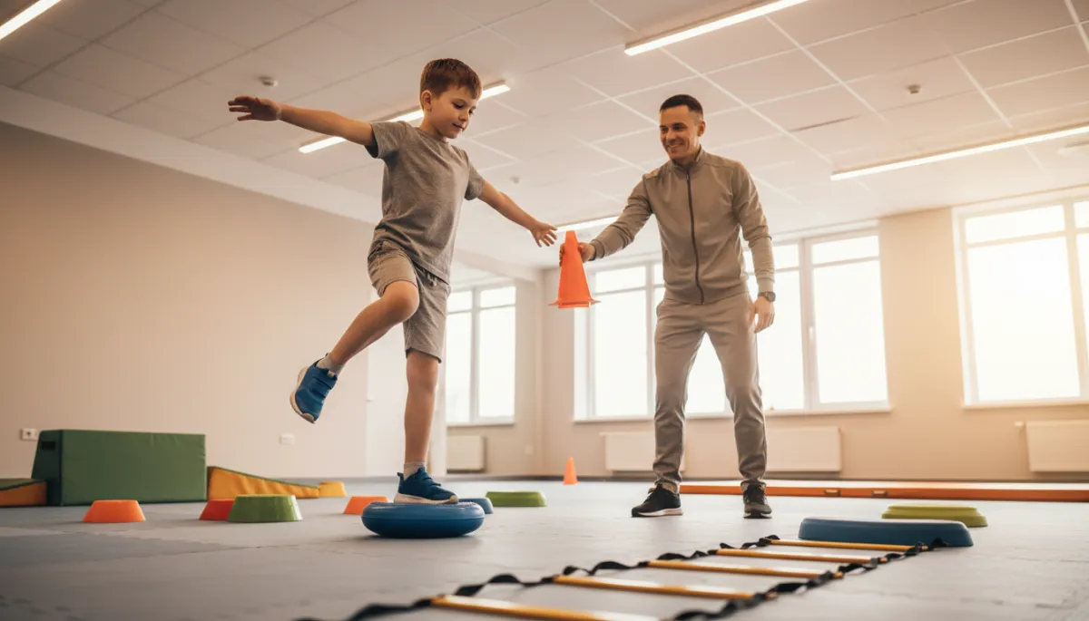 Child with ADHD doing balance exercises with a coach in a gym setting