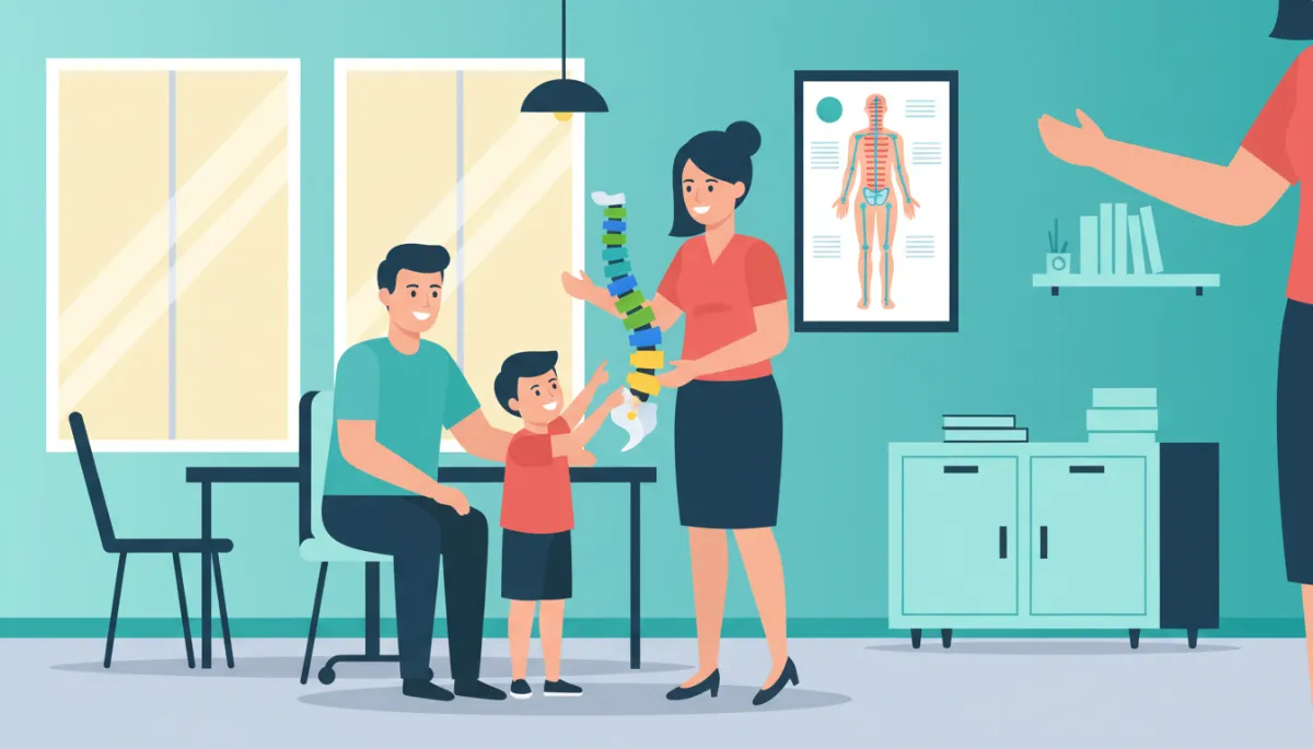 Pediatric chiropractor explaining posture and spine health to a child and parent