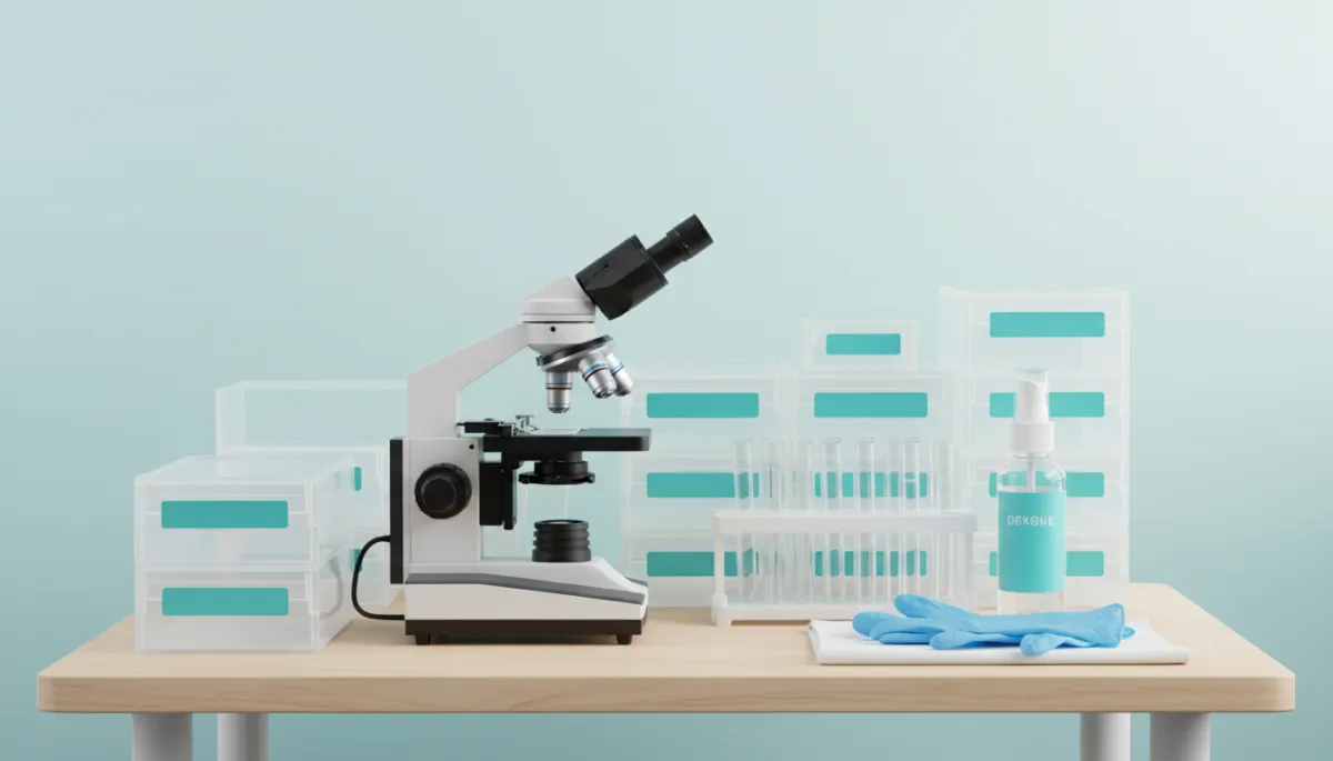 Photorealistic small desk organized as a home biology lab with microscope and supplies